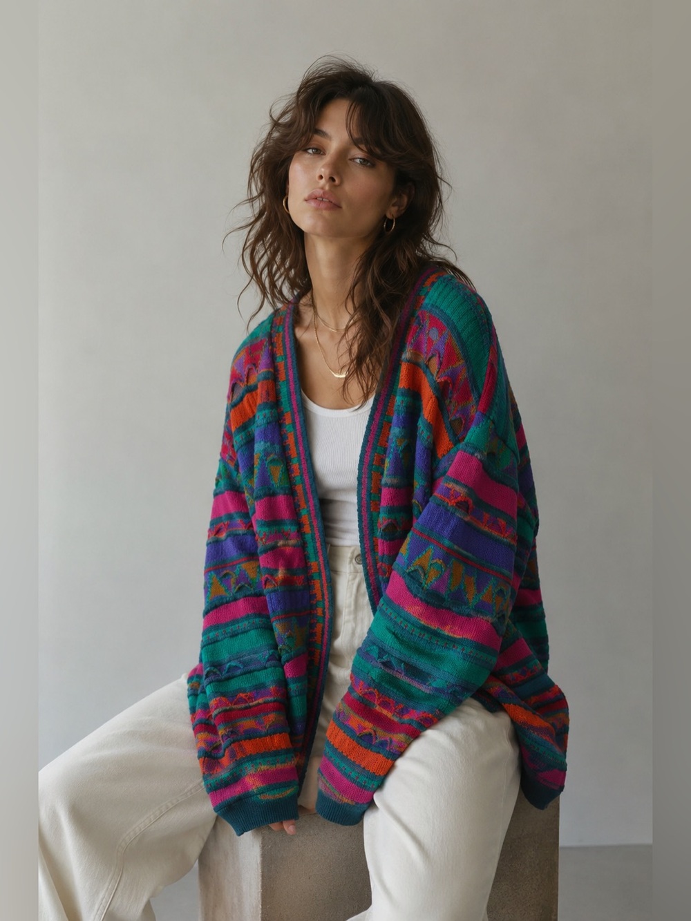 Oversized Multicolor Patterned Cardigan Sweater